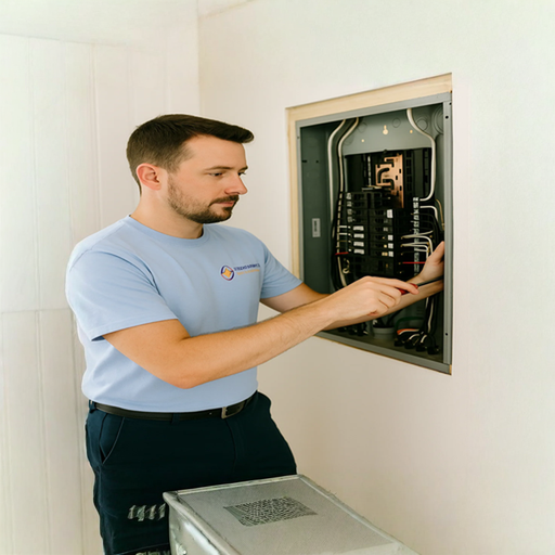 Technician in uniform with logo working on an electrical panel - Second Opinion Electric “Licensed Tampa Bay electrician working on electrical panel – Second Opinion Electric”