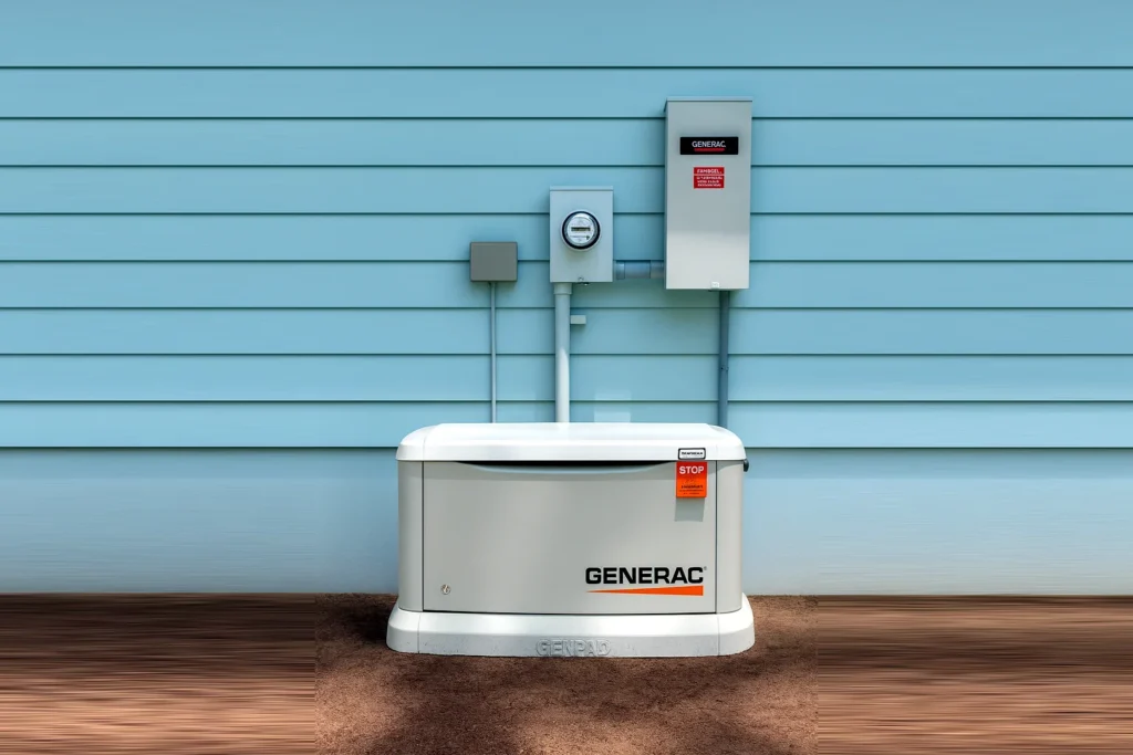 Residential Standby generator installation in Tampa Bay  Generac unit on GenPad with utility meter and automatic transfer switch