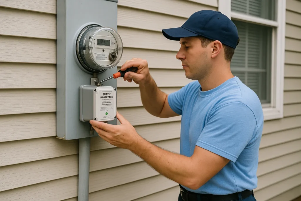 Electrician Installing Surge Protector on Residential Meter Socket1 Second Opinion Electric Electrical technician in light blue shirt installing a surge protector on a residential meter socket in Pasco home