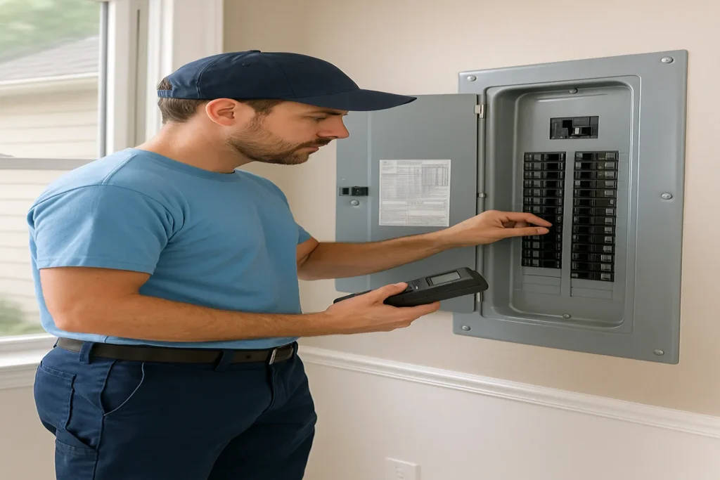 Electrician in a light blue shirt and dark blue pants inspecting a residential electrical panel inside a US home during a regular residential electrical code inspection