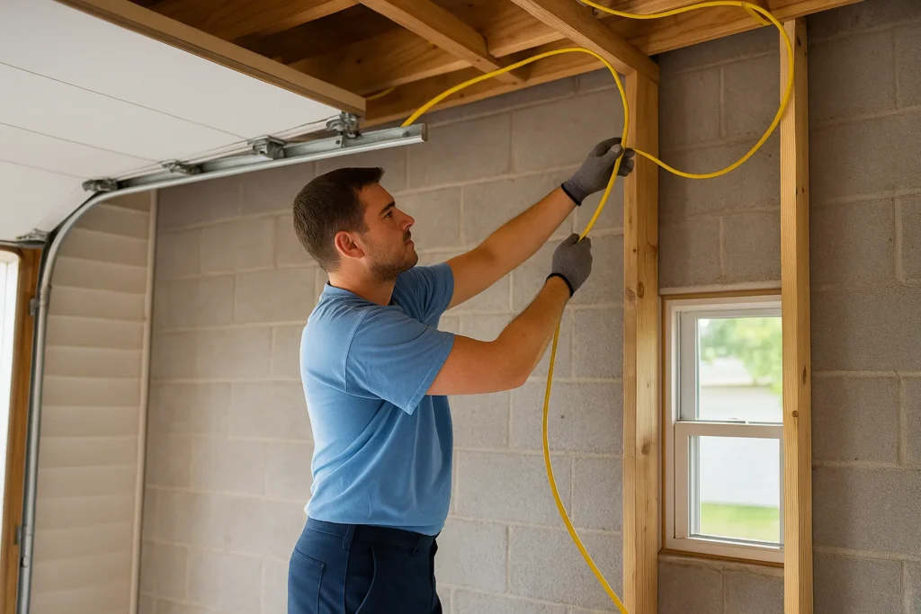 Electrician Running New Romex Wire in Residential Garage Dedicated Circuit Installation Second Opinion Electric electrician running new Romex wire in a residential garage during dedicated circuit installation