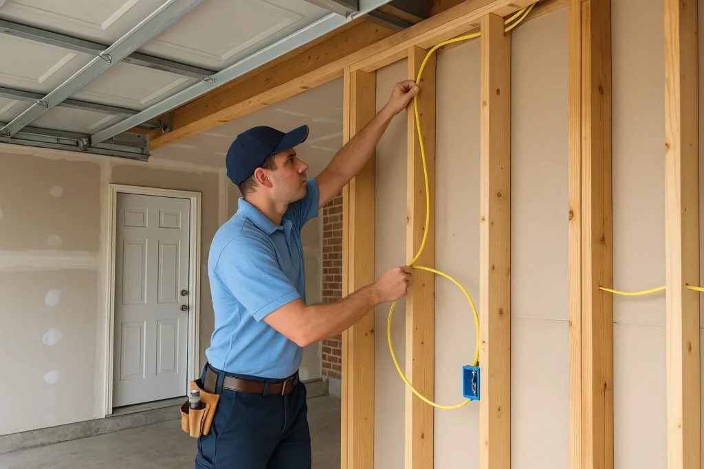 electrician running new Romex wire during residential dedicated circuit installation in a Tampa Bay House