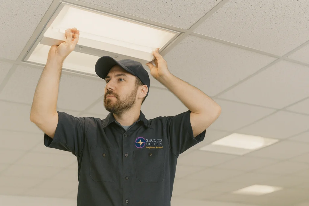 Second Opinion Electrical Services technician installing a commercial light fixture in a ceiling grid wearing company uniform with logo