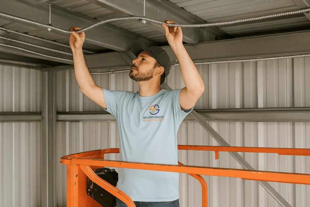 Technician performing an Electrical Building Rewire while running MC cable from a scissor lift inside a metal building wearing a light blue Second Opinion Electrical Services uniform