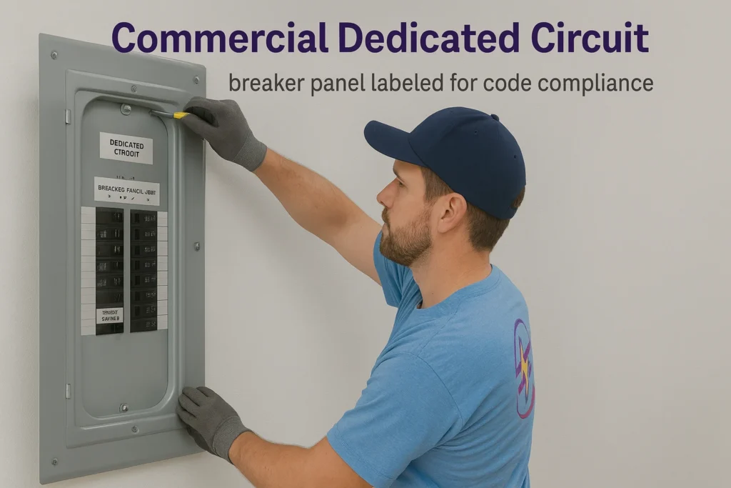 Technician in light blue Second Opinion Electric uniform working on a Commercial Dedicated Circuit breaker panel labeled for code compliance in Tampa