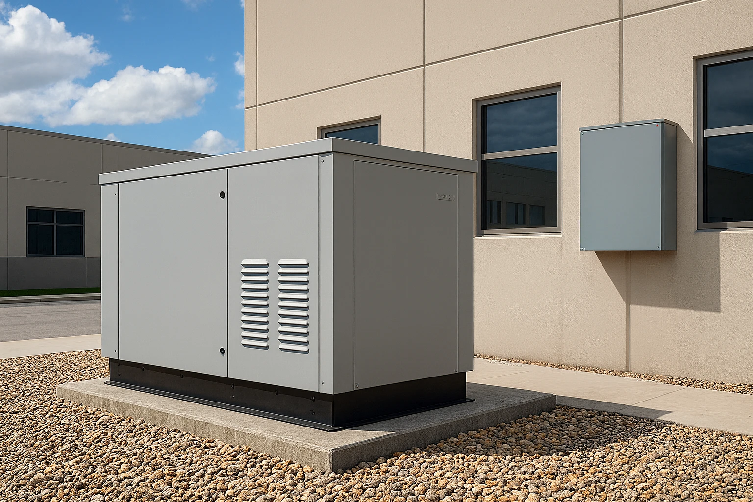 Commercial Standby Generator connected to electrical panel outside a commercial facility in Tampa Bay