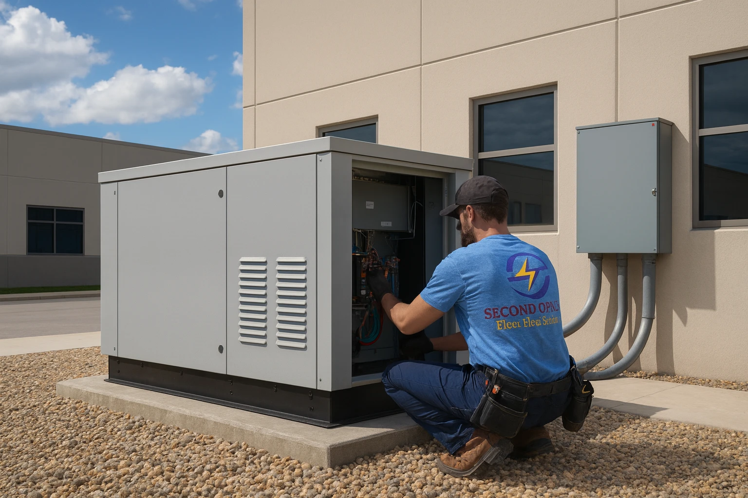 Licensed electrician from Second Opinion Electric working on a Commercial Standby Generator installation in Tampa Bay