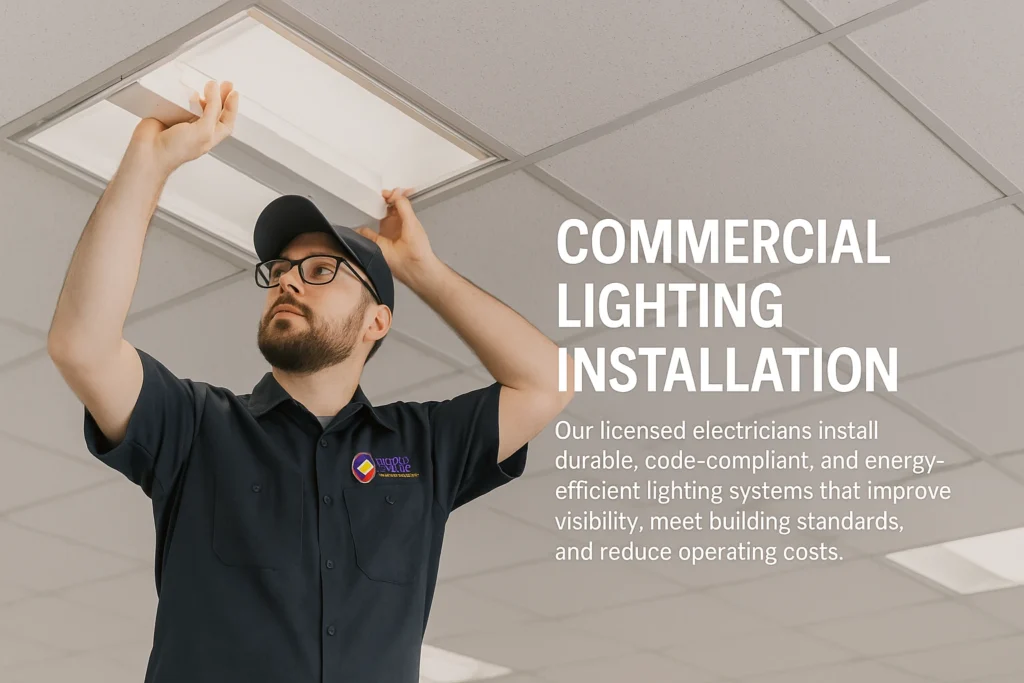 Second Opinion Electrical Services technician installing a commercial ceiling light fixture with text overlay promoting commercial lighting installation services
