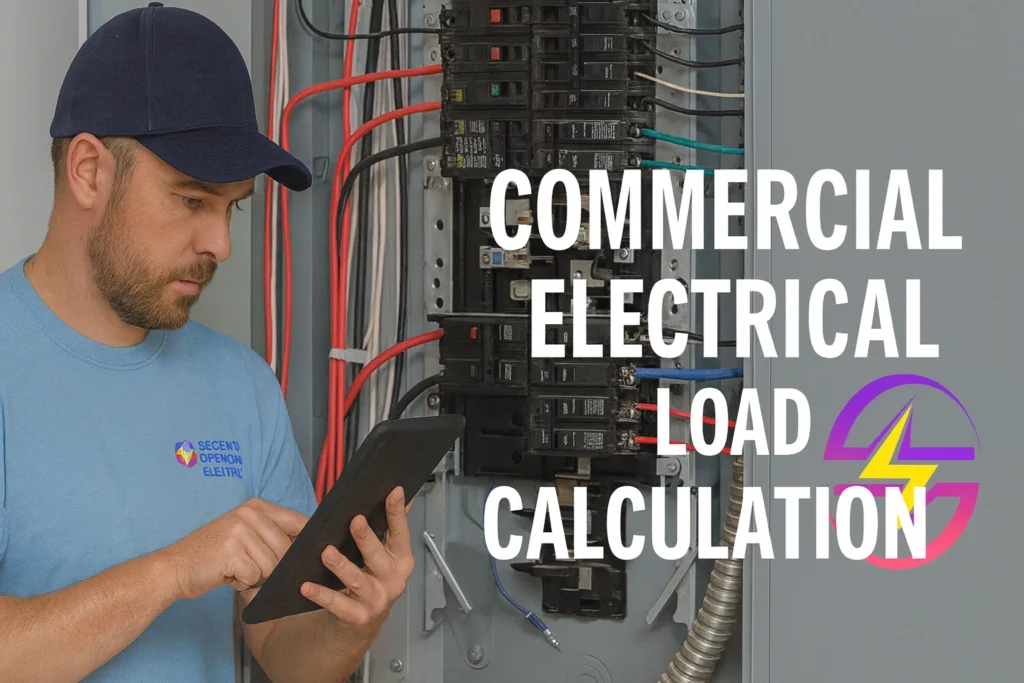 Electrician in light blue Second Opinion Electric uniform using a tablet to perform a commercial electrical load calculation in front of a three phase electrical panel