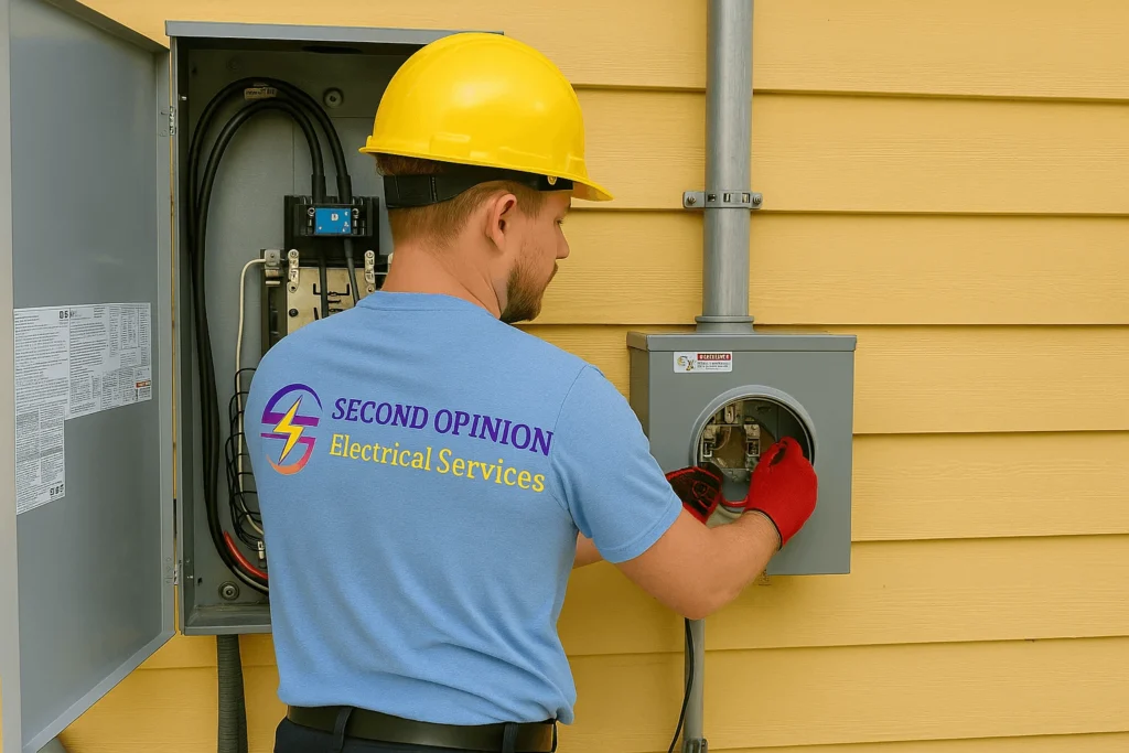 commercial meter socket replacement Second Opinion Electric Professional electrician from Second Opinion Electrical Services replacing a commercial meter socket on a yellow exterior wall wearing a light blue company t shirt with logo dark blue pants red safety gloves and a yellow hard hat