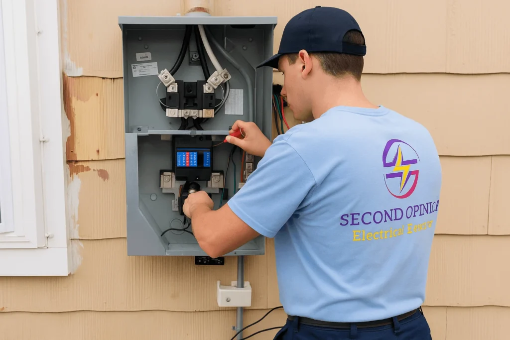 commercial meter socket replacement Second Opinion Electric Electrician from Second Opinion Electrical Services performing a commercial meter socket replacement wearing a light blue company t shirt with logo and dark blue pants