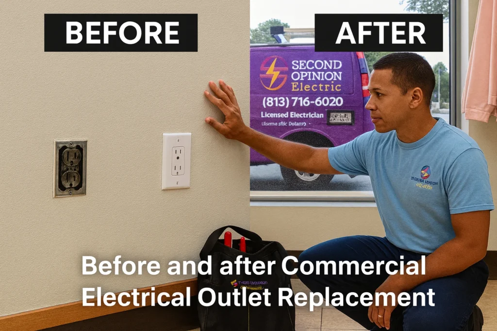 commercialoutletbeforeafter Second Opinion Electric Technician from Second Opinion Electric showing before and after commercial electrical outlet replacement in a Tampa retail store wearing company uniform light blue t shirt and dark blue pants