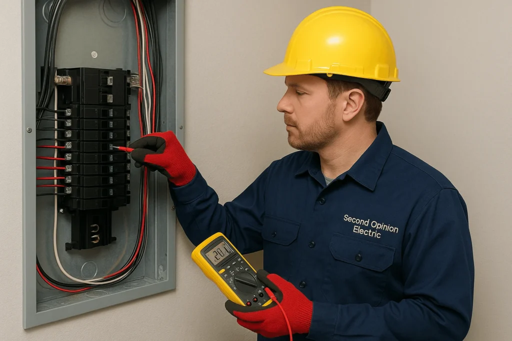 Licensed electrician from Second Opinion Electric using a digital multimeter to test voltage on a commercial electrical panel for text a commercial electrical troubleshooting wearing a yellow hard hat navy uniform and red safety gloves
