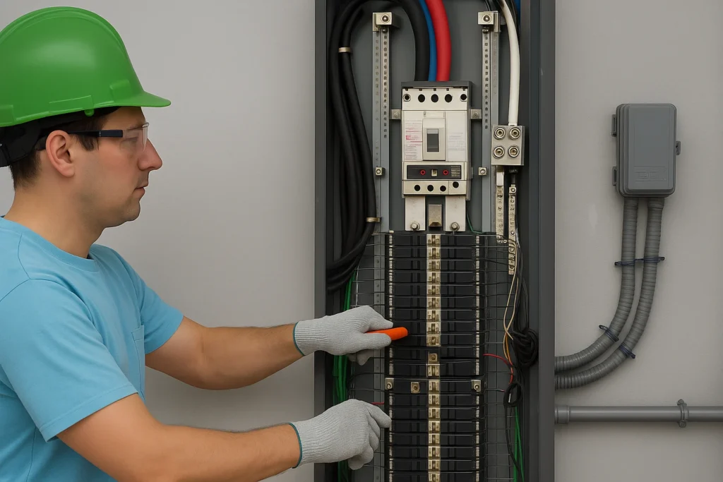 Licensed electrician performing electrical safety inspection in Tampa Bay business panel  Second Opinion Electric