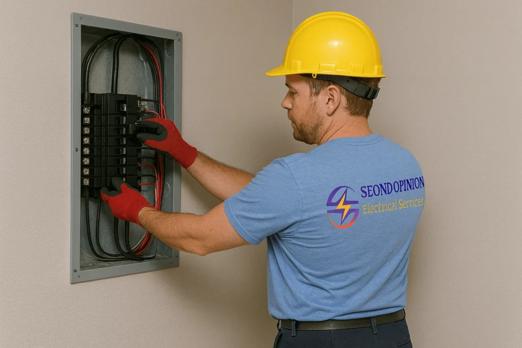 Professional electrician from Second Opinion Electrical Services performing a commercial electrical troubleshooting in panel wearing a light blue company t shirt with logo dark blue pants red gloves and a yellow hard hat