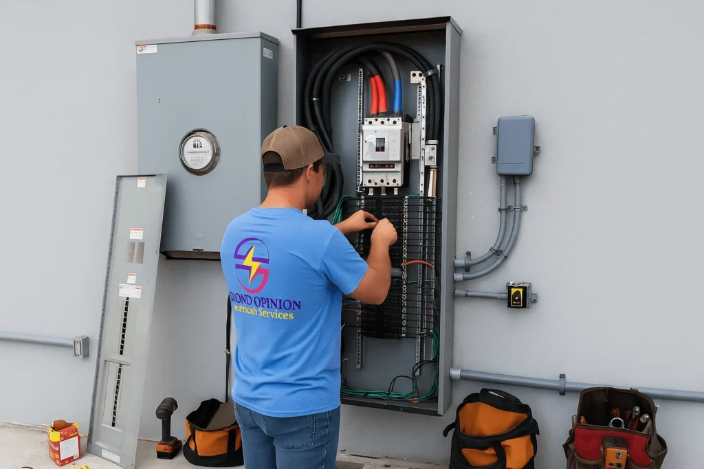 Licensed electrician from Second Opinion Electric wearing a light blue company uniform working on a commercial electrical panel upgrade outdoors surrounded by tools and wiring