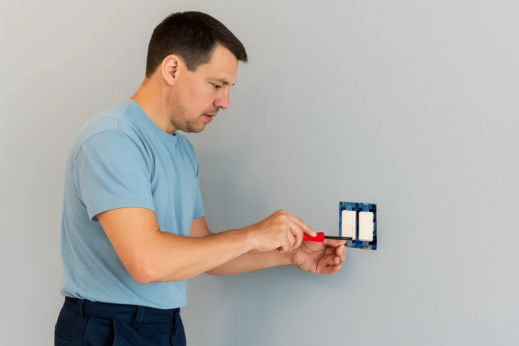 Commercial electrician installing new switches as part of Electrical Re Device Services in a Tampa business property