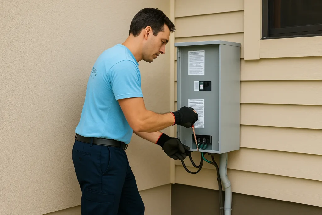 Generator installation Tampa electrician wiring an exterior transfer switch panel