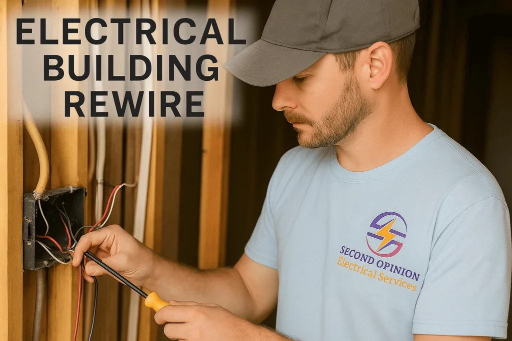 Electrician performing an Electrical Building Rewire inside a commercial building wearing a light blue Second Opinion Electrical Services uniform and working safely with wiring