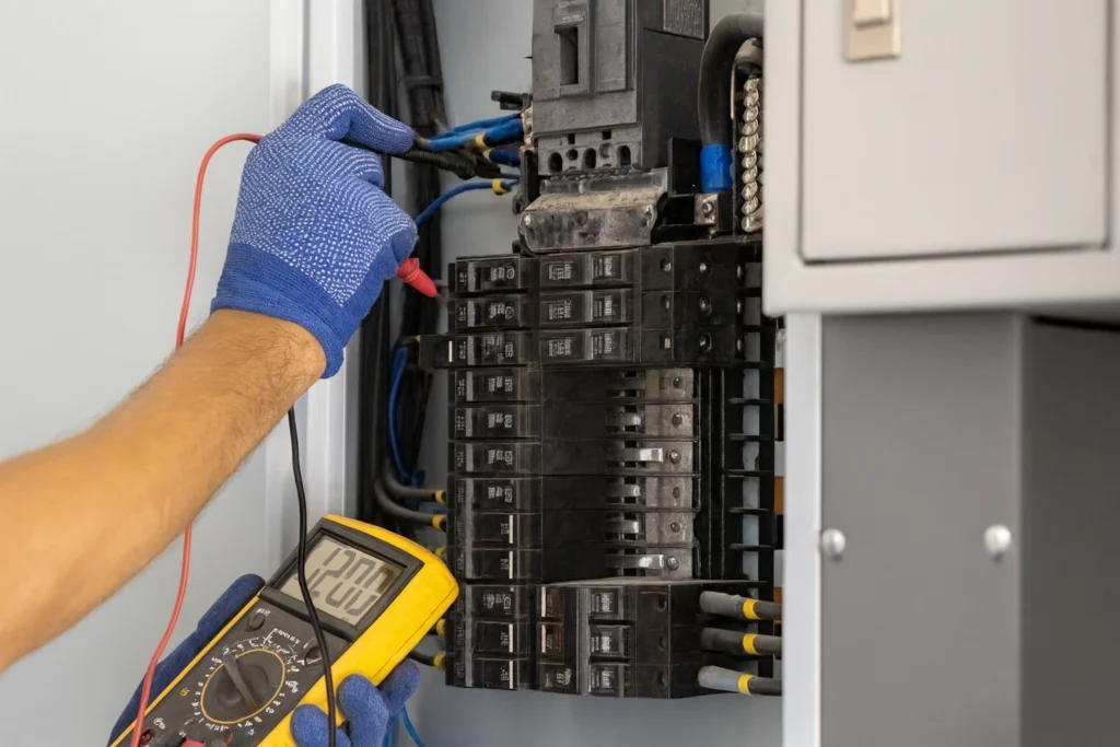 Electrician testing commercial electrical panel with multimeter  Second Opinion Electric Tampa