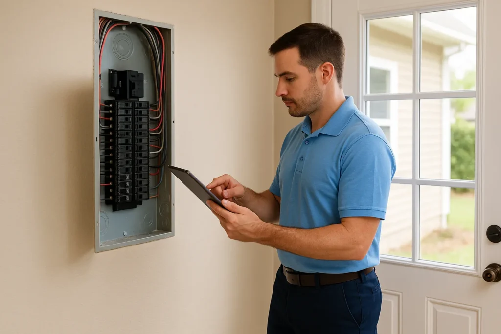 Electrician performing a Residential Electrical Load Calculation using an iPad inside a US residential home