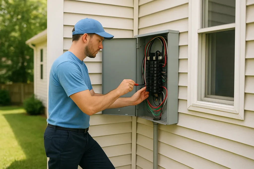 Electrician performing a Residential Electrical Load Calculation outdoors at a US residential home inspecting an exterior electrical panel