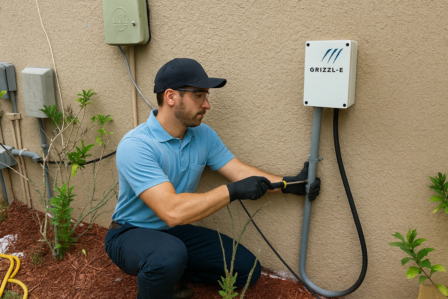 evchargerinstallgrizzle Second Opinion Electric EV charger installation in Tampa technician in light blue uniform mounting a Grizzl E Level 2 unit with PVC conduit on an exterior stucco wall