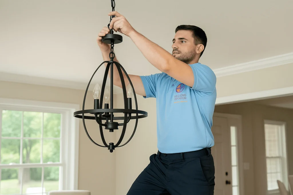 indoorchandelierinstall Second Opinion Electric Residential Light Fixture Installations by Second Opinion Electrical Services technician installing a chandelier in a modern home