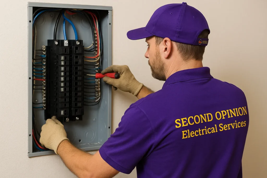 Second Opinion Electric technician installing commercial electrical panel  Commercial Electrical Services Tampa