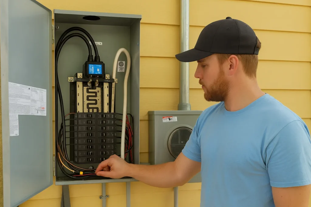Licensed electrician from Second Opinion Electrical Services working on a residential electrical panel in Tampa Bay