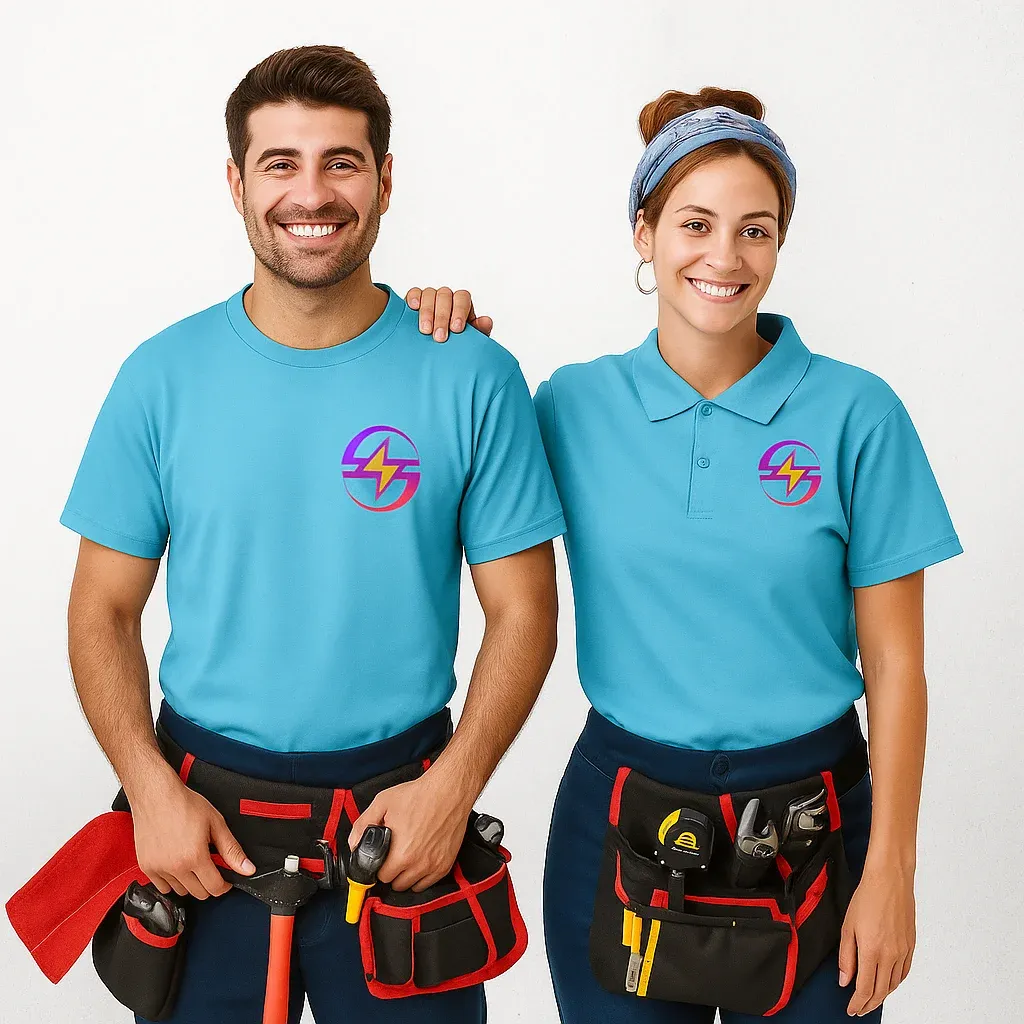 "Second Opinion Electric professional team in light blue uniforms with company logo and tool belts, smiling and ready to provide residential and commercial electrical services in Tampa Bay."