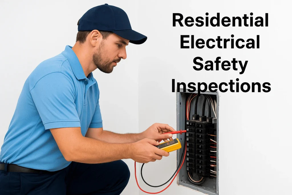 Tampa electrician conducting Residential Electrical Safety Inspection inside a home electrical panel with the cover removed wearing a light blue shirt and dark blue pants
