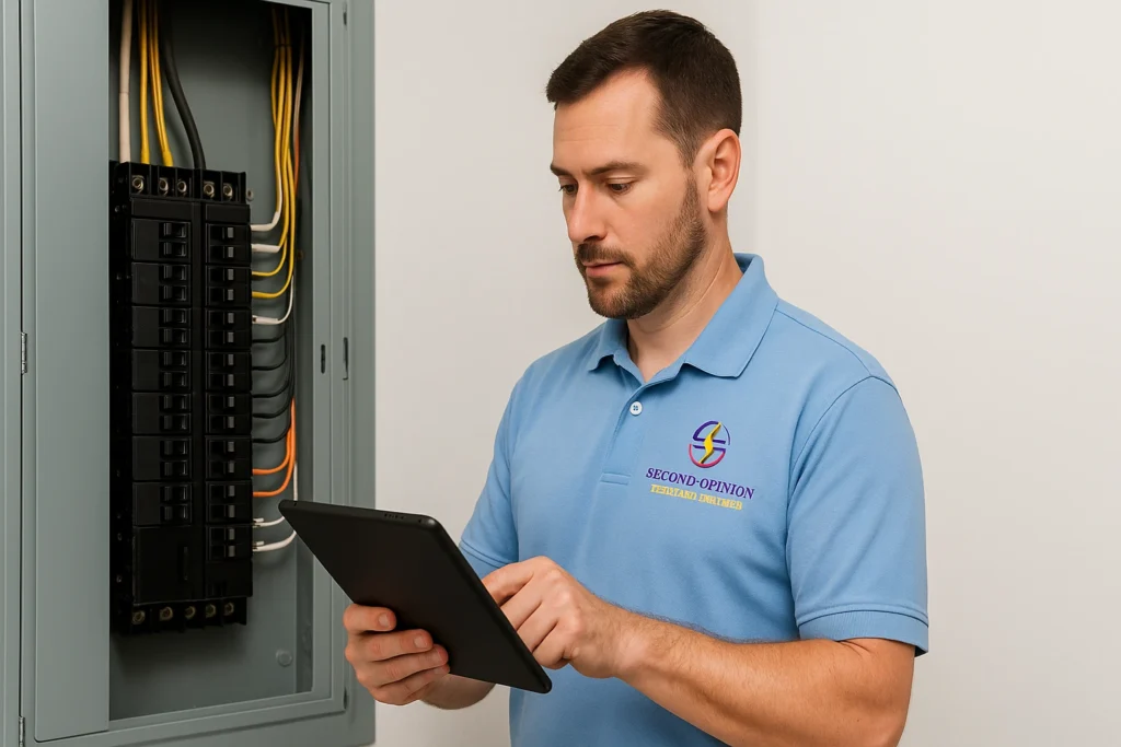 Electrician in light blue Second Opinion Electric uniform using a tablet to perform a commercial electrical load calculation in front of a three phase electrical panel