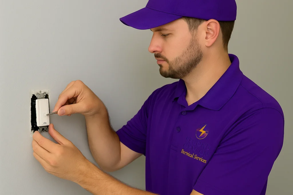 Licensed electrician replacing wall switch during Residential Electrical Switch Replacement service in Tampa
