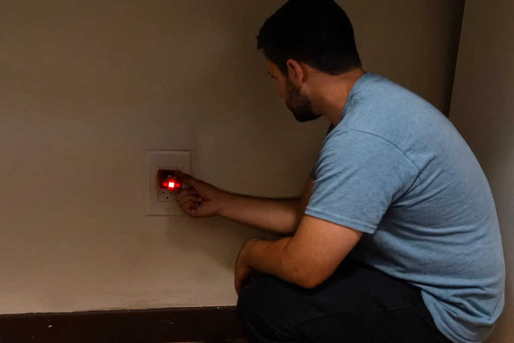 Electrician Performing Electrical Troubleshooting Diagnostics on Wall Outlet Second Opinion Electric electrician performing electrical troubleshooting and diagnostics on a wall outlet using a tester