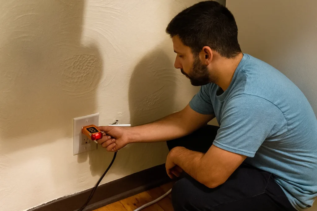 electrician performing residential electrical troubleshooting and diagnostics on a wall outlet using a circuit tester