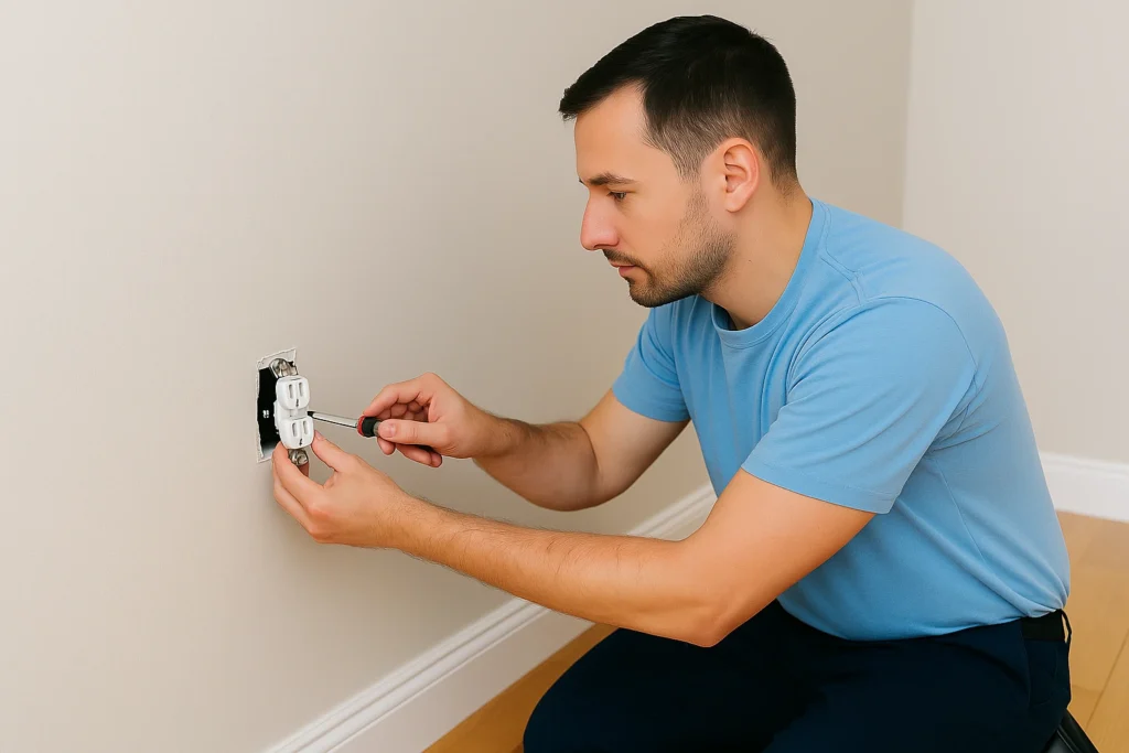 Technician Installing a Residential Electrical Outlet Second Opinion Electric Technician in a light blue T shirt and dark blue pants installing a residential electrical outlet inside a home