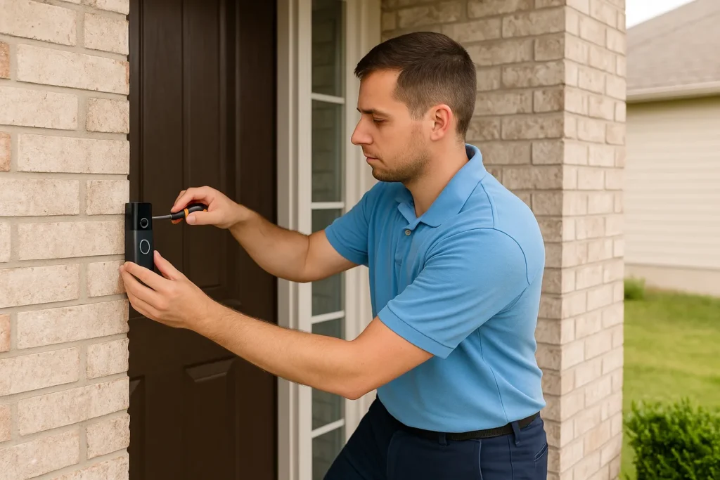 Technician installing a doorbell system on a residential wall wearing a light blue shirt and dark blue pants