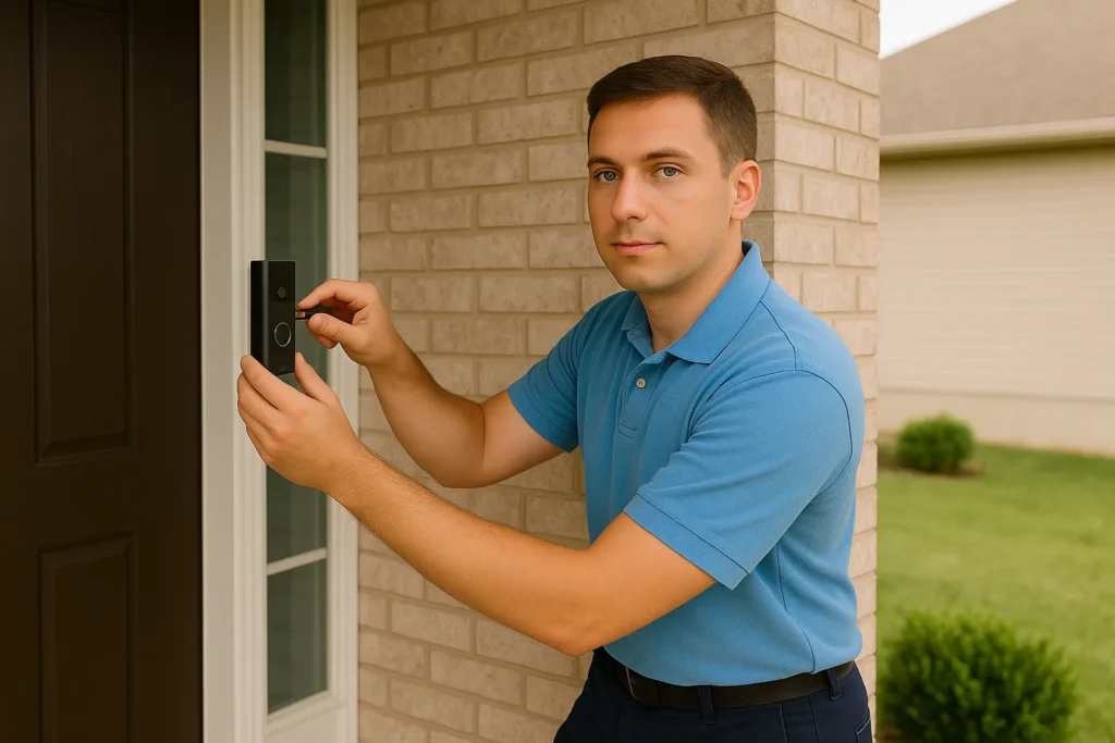 Technician with light blue shirt and dark blue pants installing a doorbell system on a residential wall
