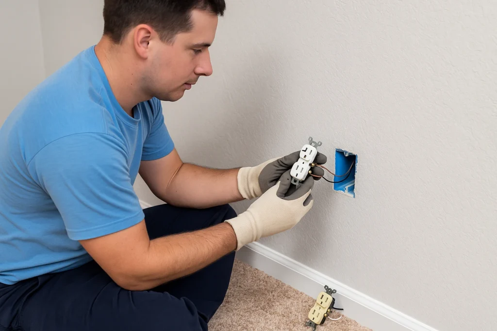 Electrician replacing a two prong outlet with a three prong outlet during an Electrical Home Re Device Service in a residential home