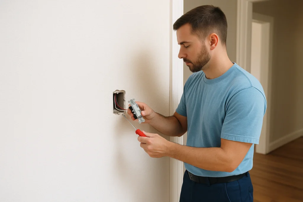Electrician performing whole home electrical rewiring while replacing an electrical switch in a residential house wearing a light blue shirt and dark blue pants