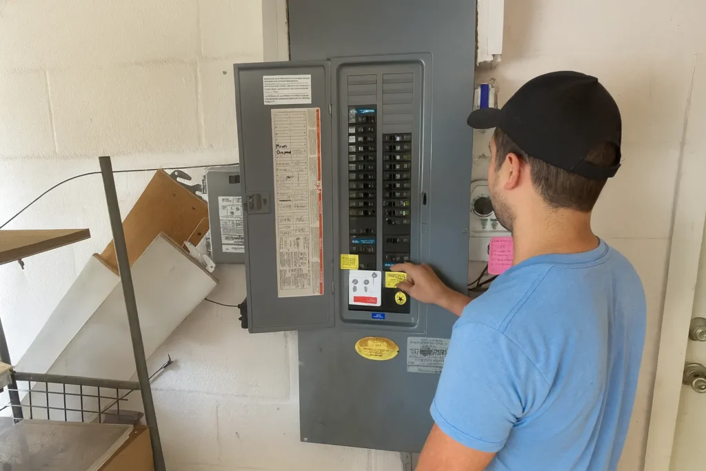 Electrician in a light blue t shirt and dark blue pants working on a home electrical panel during a portable generator installation system setup
